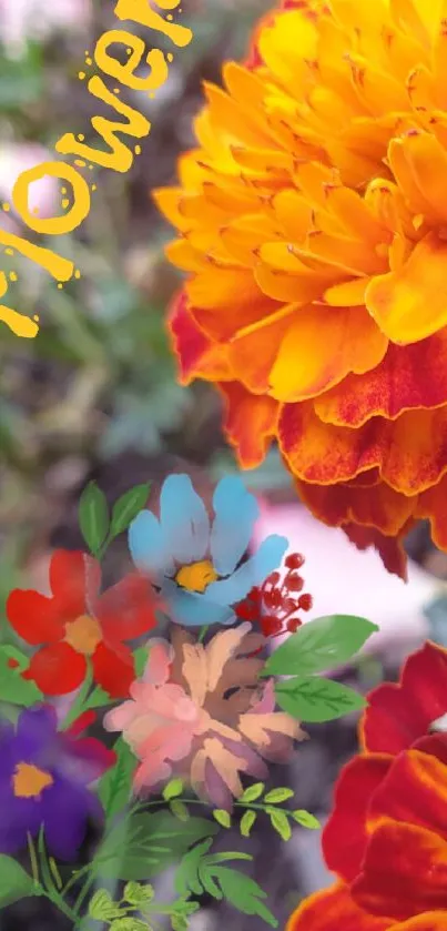 Vivid marigold flowers in orange and red with green foliage background.