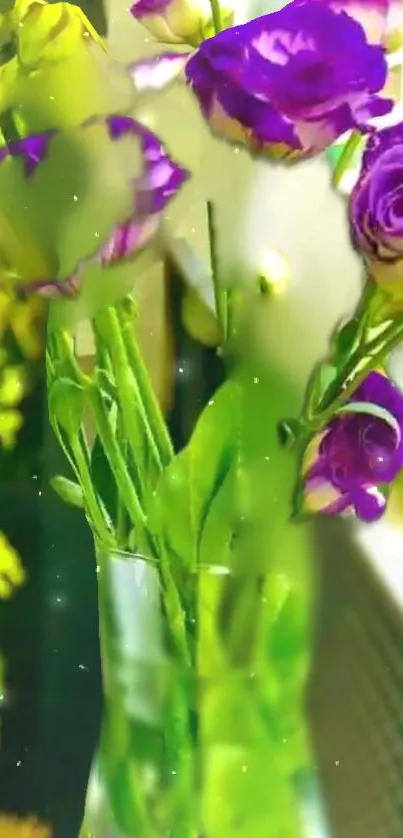 Vibrant purple flowers in a vase against a blurred background.