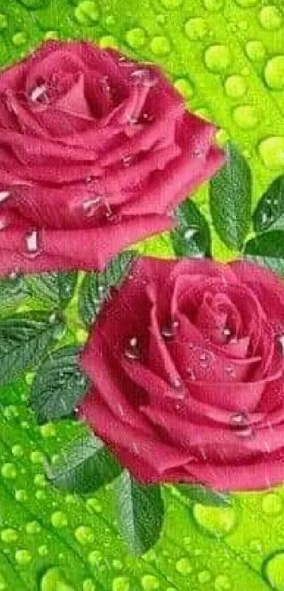 Vibrant pink roses with dewdrops on green background.