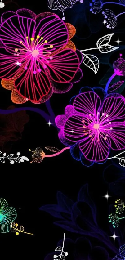 Intricate neon floral patterns on black background.