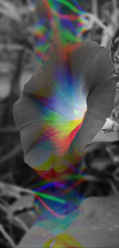 Black-and-white flower with a vivid rainbow aura.