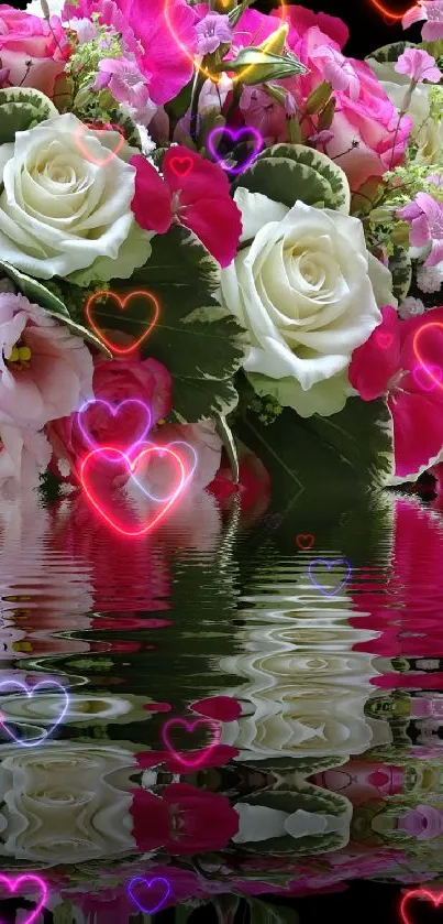 Vivid pink and white roses reflecting on water, creating a captivating floral wallpaper.