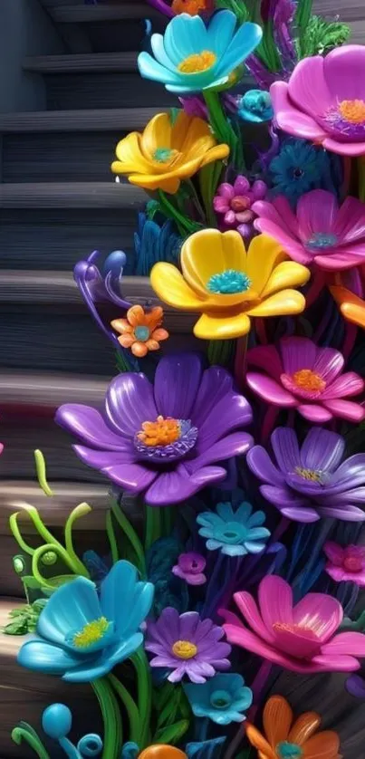 Colorful flowers adorning a staircase in vibrant design.