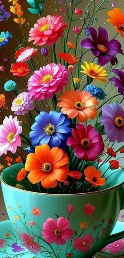 Vivid flowers in a tea cup arrangement, colorful and artistic.