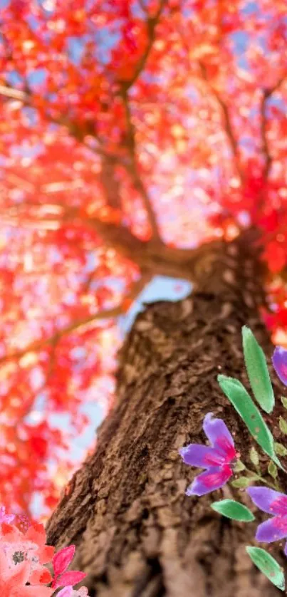 Vibrant red tree with purple flowers on a sunny day.