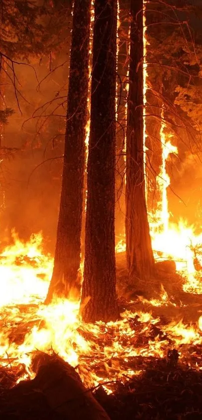 Intense forest fire with flames engulfing trees in a vivid display.