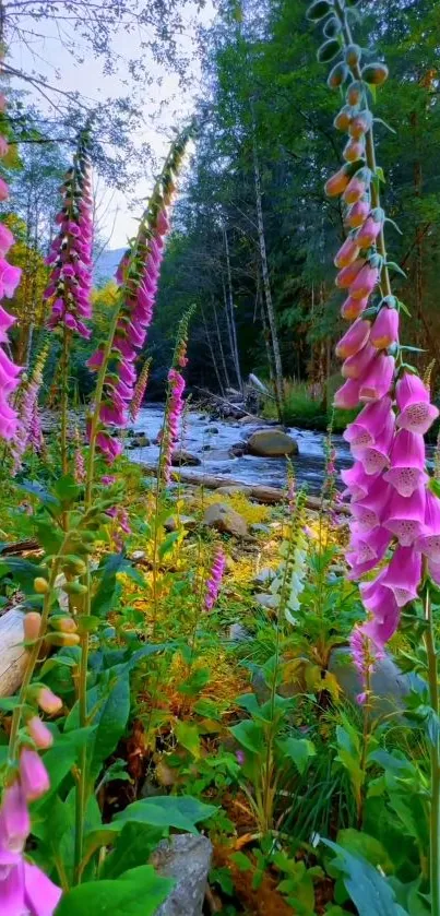 Rich greenery and pink flowers by a serene forest stream.