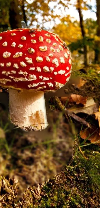 Vibrant red mushroom in autumn forest.