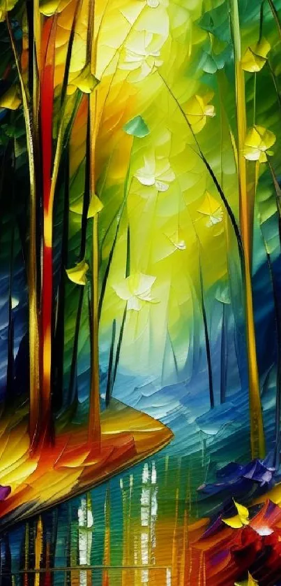 Colorful abstract forest path mobile wallpaper with vivid greens and yellows.