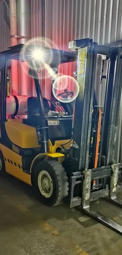 Brightly lit forklift in industrial warehouse setting, perfect for mobile wallpaper.