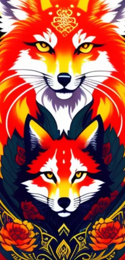 Artistic wallpaper featuring vivid foxes with intricate patterns and bold colors.