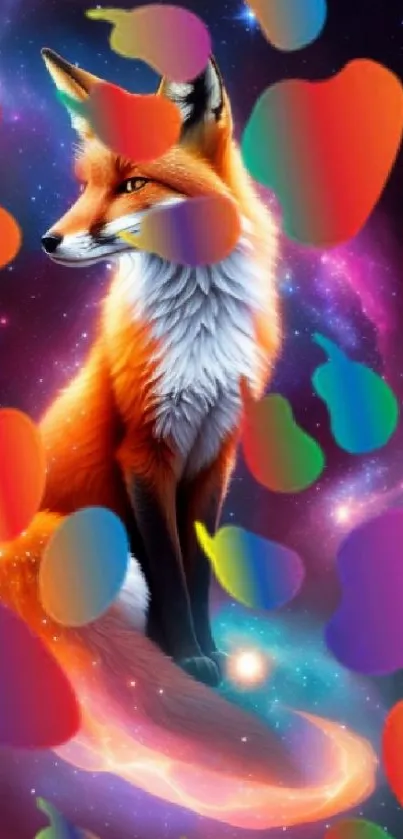 Fox in a vibrant galaxy-themed mobile wallpaper with colorful cosmic elements.