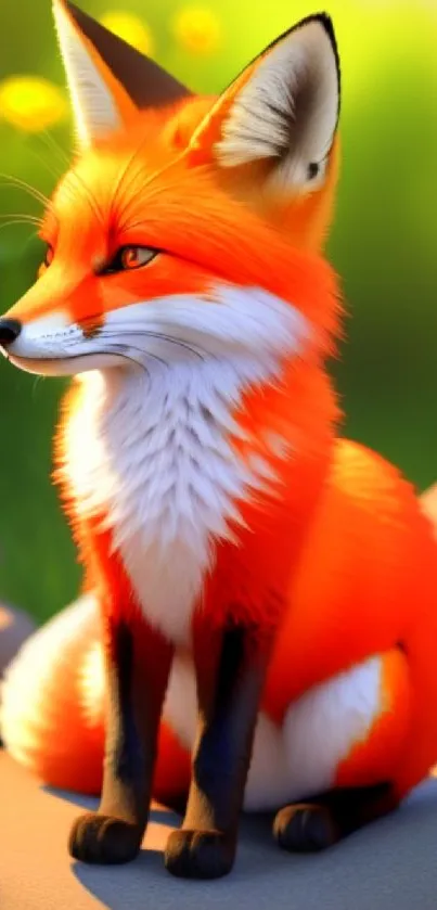 Vibrant fox sitting in a lush natural setting, showcasing vivid colors.