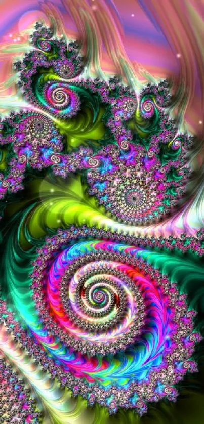 Vibrant fractal art with swirling pink and green patterns.