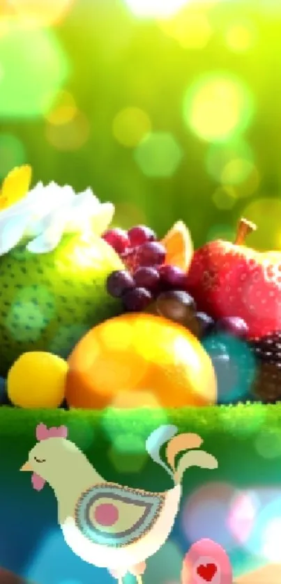 Colorful fruit bowl with a bird.