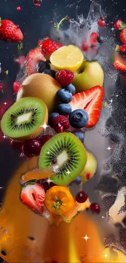 Explosive fruit wallpaper with berries, kiwi, and citrus fruits on a dark blue background.