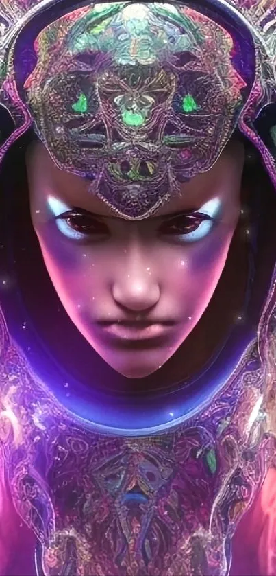 Futuristic face with neon purple hues.