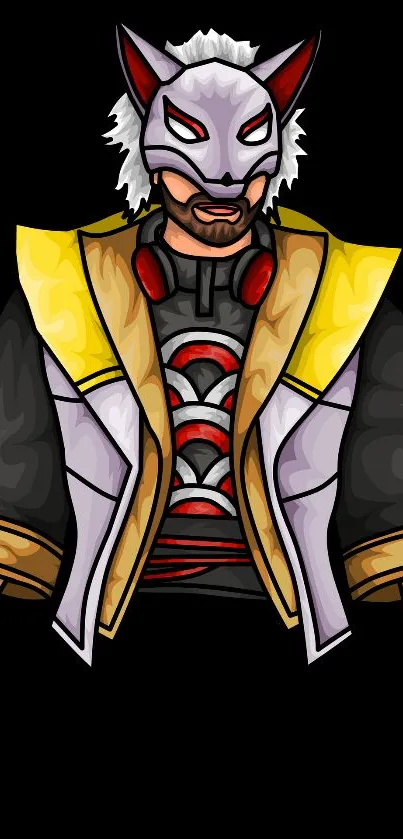 Futuristic masked character on black background with yellow and red accents.