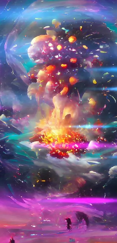 Vivid dreamscape with cosmic explosion on a phone wallpaper.