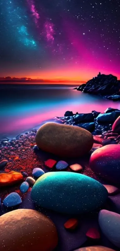 Vivid galaxy beach with colorful pebbles at night.