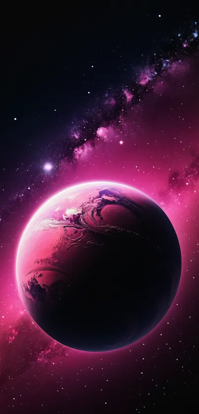 Pink planet and galaxy mobile wallpaper with vivid colors.