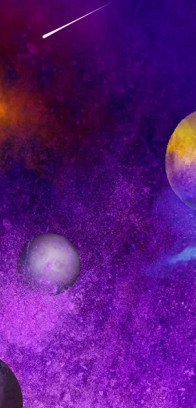 Purple space scene with colorful planets and galaxy features.