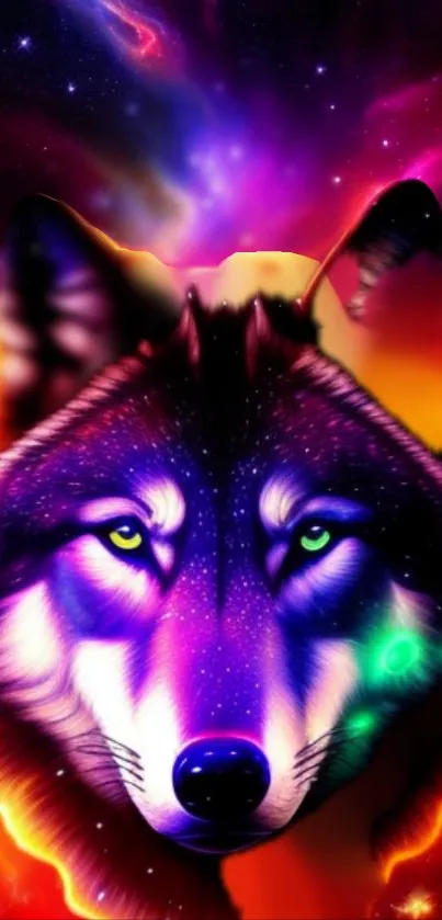 Vibrant wolf in a colorful galaxy backdrop for mobile wallpaper.