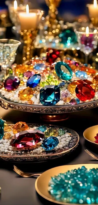 Colorful gemstone display under candlelight on a table setting.