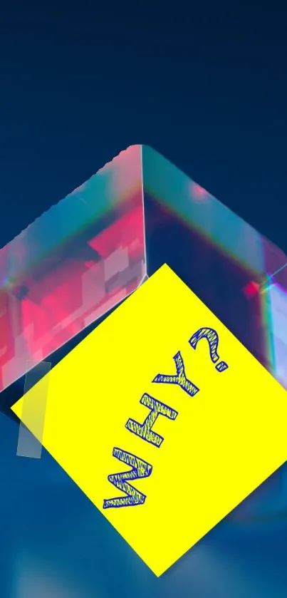 Vivid abstract wallpaper with neon cube and yellow note.