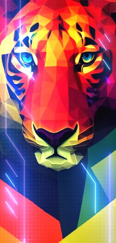 Colorful geometric tiger with bold hues and artistic design.