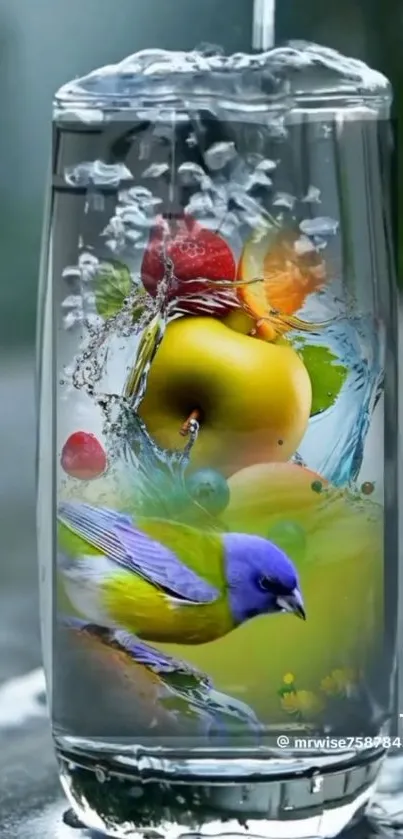 Colorful fruits and bird in glass with water splash effect.