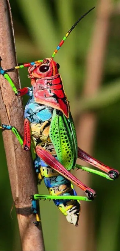 Colorful grasshopper perched on a stick with a green background.