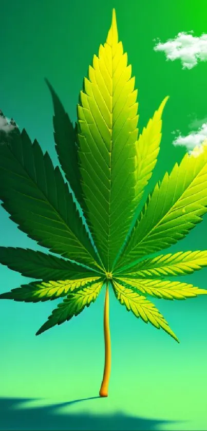 Bright green cannabis leaf art on gradient green background.