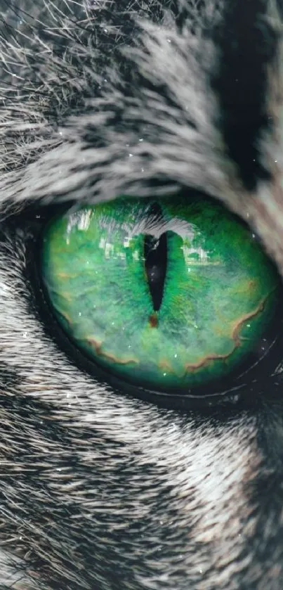 Detailed close-up of a cat's vivid green eye with intricate patterns.