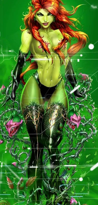 Green fantasy character with vibrant foliage on mobile wallpaper.