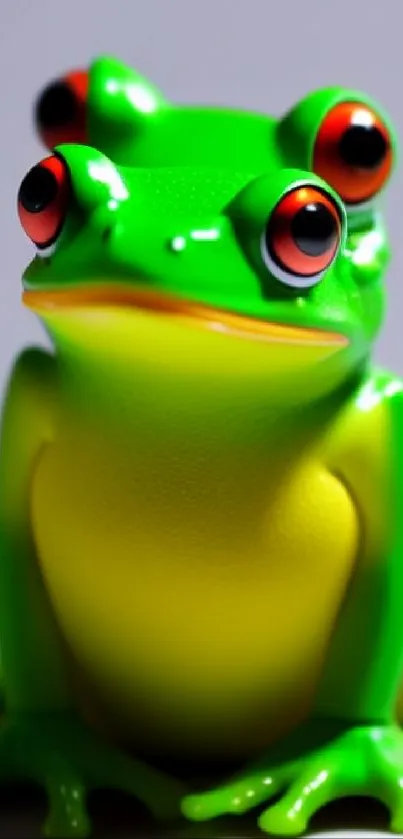 A vivid green frog with red eyes on a neutral background.