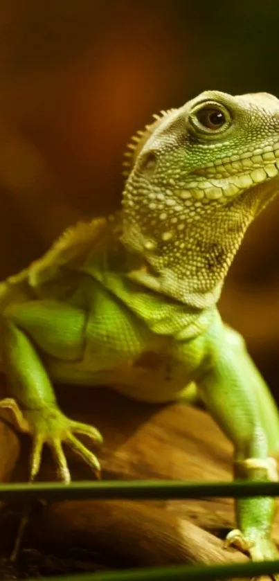 Vivid green iguana perched on branch in jungle scene.