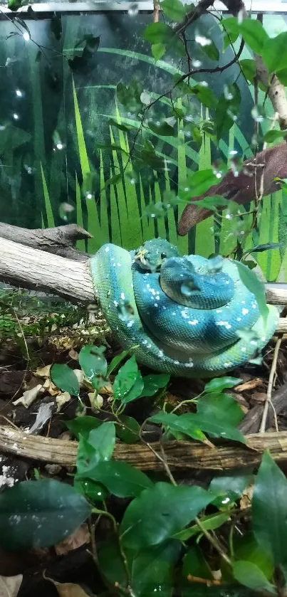 Vivid green snake rests in lush jungle habitat.