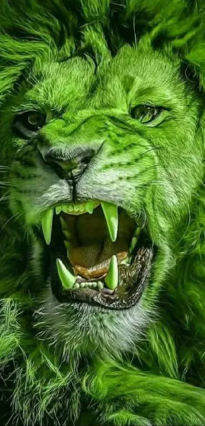 Vivid green lion roaring with detailed mane.