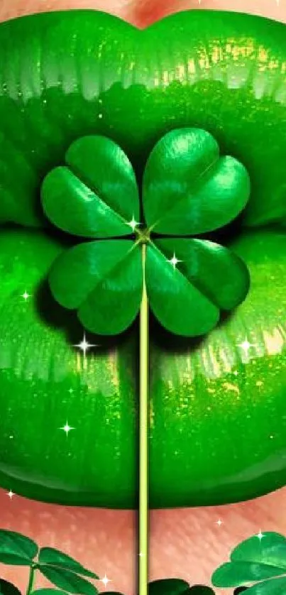 Vibrant green lips holding a shamrock on mobile wallpaper.