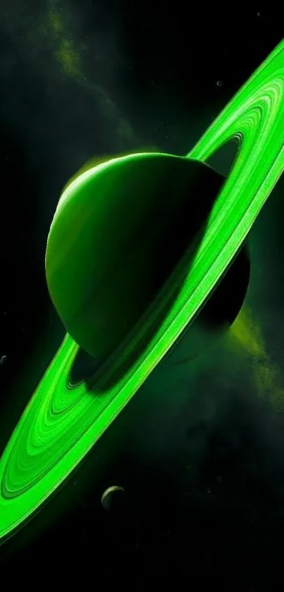 A vibrant green depiction of Saturn with glowing rings in space.