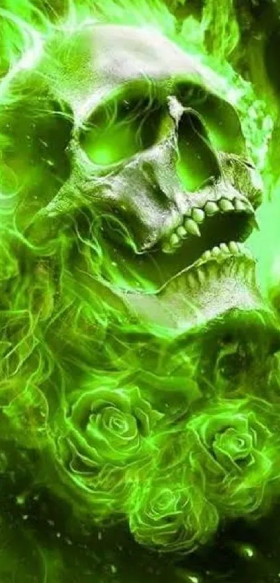 Ethereal green skull with roses and flames wallpaper.