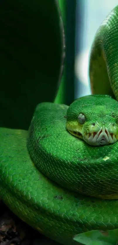 Green snake coiled on a branch surrounded by leaves.