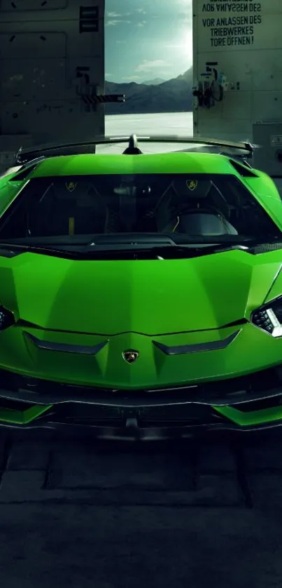 Vivid green sports car parked, showcasing aggressive front design.