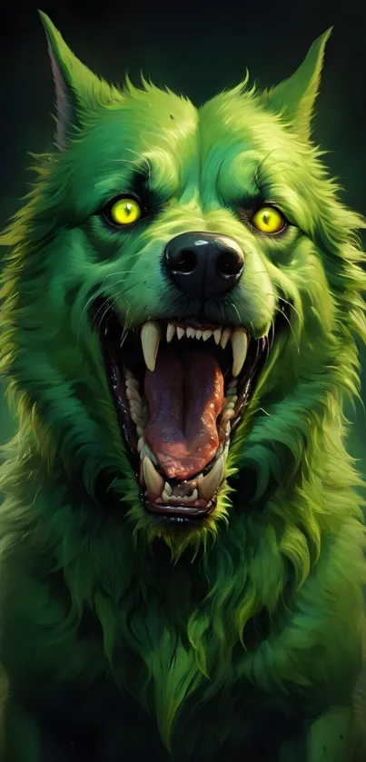 Vivid green wolf with fierce yellow eyes.