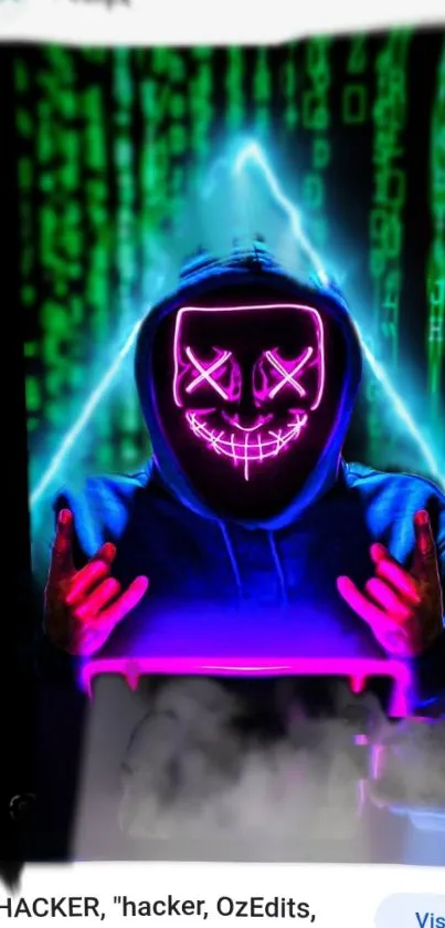 Neon hacker with vibrant pink and blue glow, holding a digital device.