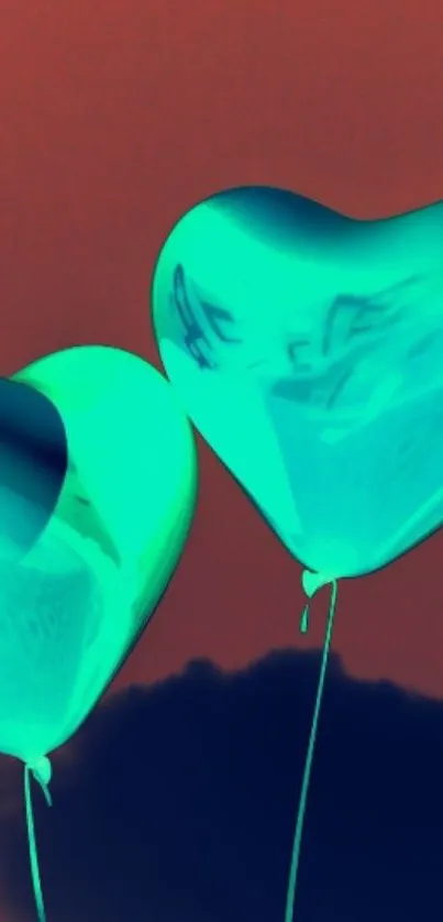 Teal heart-shaped balloons on a colorful background.