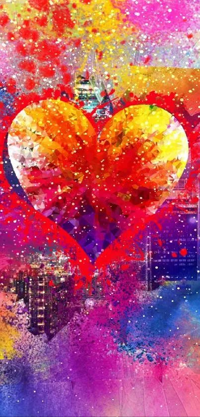 Vibrant cityscape with a colorful heart design as a mobile wallpaper.