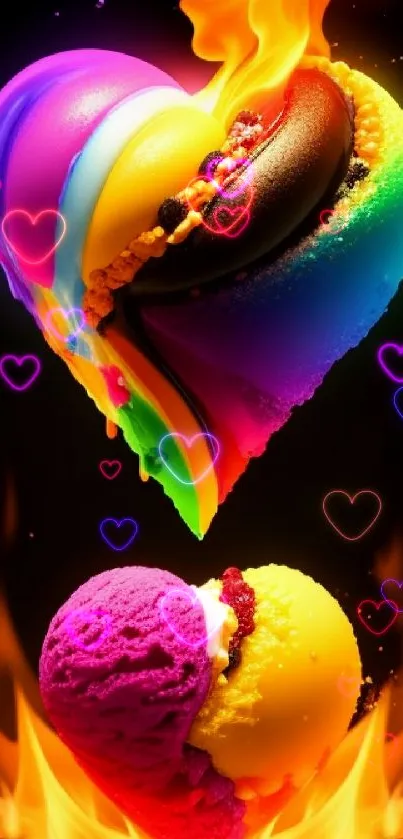 Vibrant heart-shaped ice cream with colorful flames on a black background.