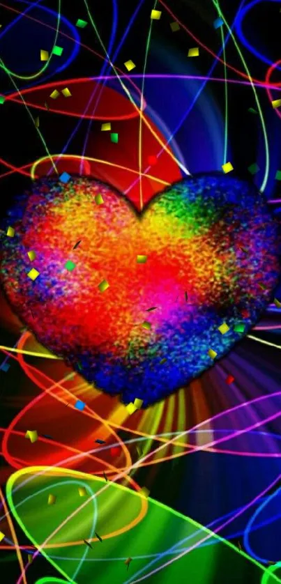 Colorful neon heart design with vibrant swirls and lines on a black background.